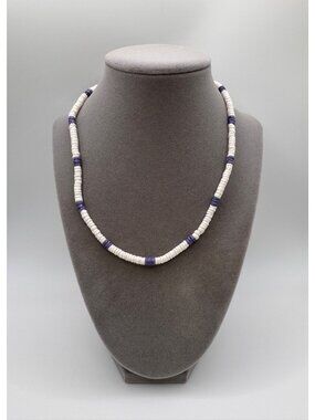 Vintage White Heishi Bead Necklace Purple Accent Barrel Clasp 16 Inch Surfer